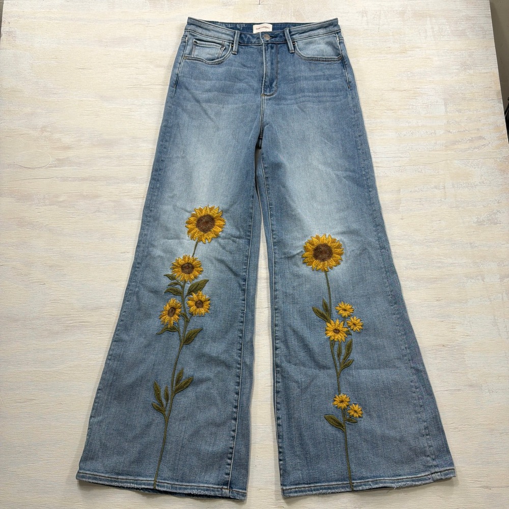 Driftwood Jeans Penelope 29 Sunflower Embroidered Wide Leg Blue Denim Womens